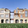 Elegant Detached Villa with Red Brick Stone Exterior Large Windows Balconies Turrets on Green Lawn