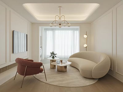 Elegant Modern Living Room Interior With Beige Curved Sofa Red Armchair Coffee Tables And Chandelier 3d model