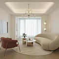 Elegant Modern Living Room Interior With Beige Curved Sofa Red Armchair Coffee Tables And Chandelier