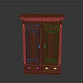 Red Wooden Cabinet With Carved Details Golden Handles And Bottom Drawers