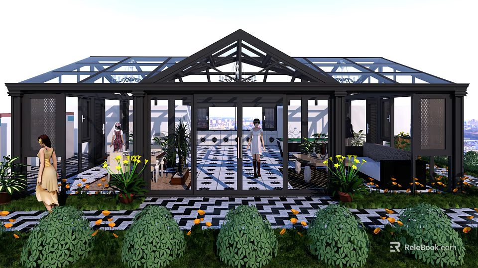 Luxury Villa Balcony With Glass Roof Black Frame Green Plants And Patterned Floor Tiles 3d model 