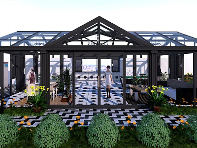 Luxury Villa Balcony With Glass Roof Black Frame Green Plants And Patterned Floor Tiles 3d model