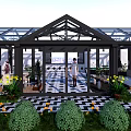 Luxury Villa Balcony With Glass Roof Black Frame Green Plants And Patterned Floor Tiles
