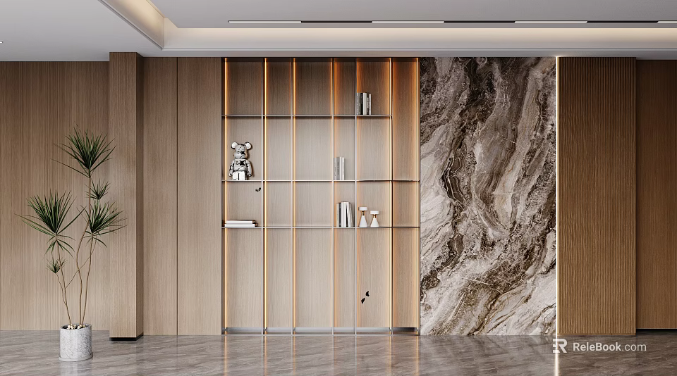 Modern Sofa Background Wall Design With Wooden Panels Glass Shelves And Marble Texture 3d model 
