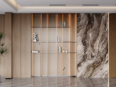 Modern Sofa Background Wall Design With Wooden Panels Glass Shelves And Marble Texture 3d model