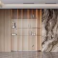 Modern Sofa Background Wall Design With Wooden Panels Glass Shelves And Marble Texture