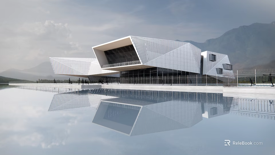Modern Museum Building With Geometric Metal Facade And Water Reflection In Mountain Landscape 3d model 