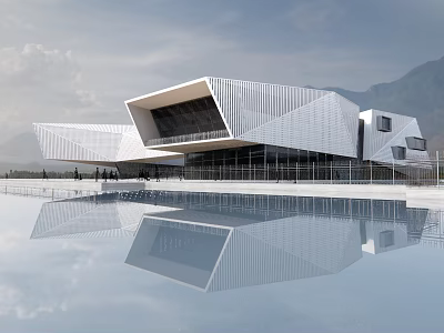 Modern Museum Building With Geometric Metal Facade And Water Reflection In Mountain Landscape 3d model