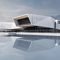 Modern Museum Building With Geometric Metal Facade And Water Reflection In Mountain Landscape