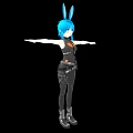 3D Animated Game Character With Blue Hair Rabbit Ears Black Orange Outfit And Arms Outstretched