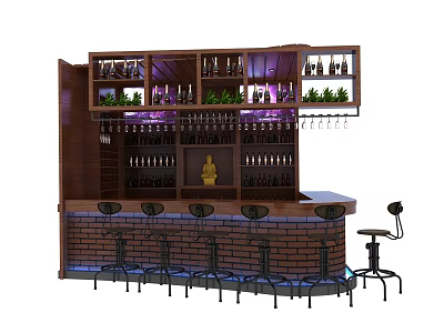 Elegant Bar Interior With Wooden Wine Shelves Hanging Glasses Brick Wall Lighting And Bar Stools 3d model