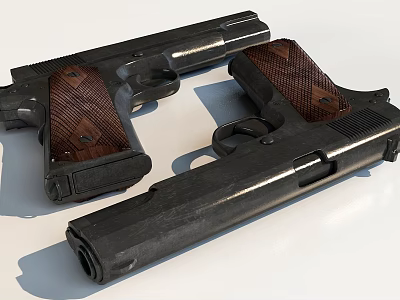 Two Classic Black Pistols with Wooden Grips and Metallic Frames 3d model