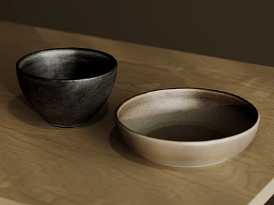 Dinnerware Set with Two Dark Gray and Light Brown Bowls Ceramic on Wooden Tabletop 3d model