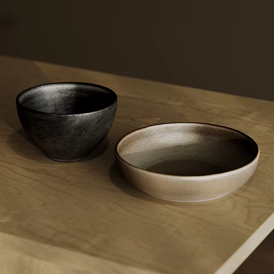 Dinnerware Set with Two Dark Gray and Light Brown Bowls Ceramic on Wooden Tabletop 3d model