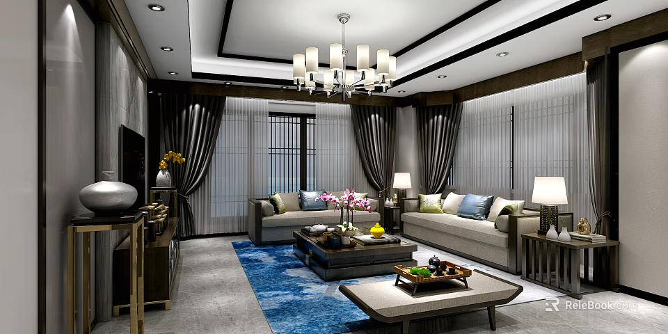 Traditional Chinese Living Room Interior With Elegant Chandelier Sofas Coffee Table Blue Rug Silk Curtains 3d model 