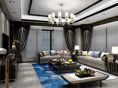 Traditional Chinese Living Room Interior With Elegant Chandelier Sofas Coffee Table Blue Rug Silk Curtains 3d model