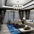 Traditional Chinese Living Room Interior With Elegant Chandelier Sofas Coffee Table Blue Rug Silk Curtains