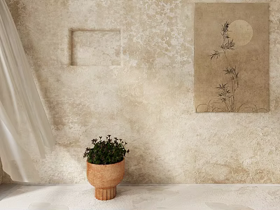 Beige Wall With Square Frame Moon Bamboo Painting White Curtain Terracotta Pot Green Plant 3d model