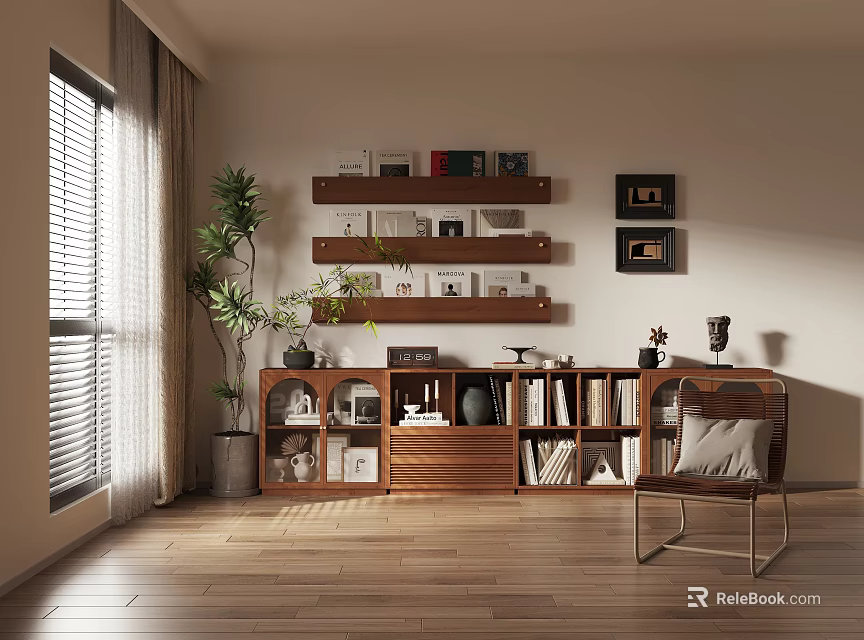 Modern Wooden Entryway Cabinet Sideboard With Shelves Books Decorative Plants And Natural Light 3d model 