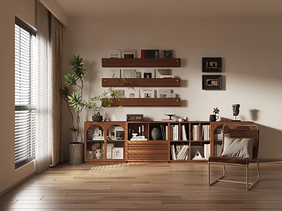 Modern Wooden Entryway Cabinet Sideboard With Shelves Books Decorative Plants And Natural Light 3d model