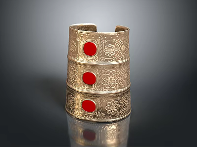 Decorative Metal Hardware Ring With Engraved Patterns And Red Accent Dots 3d model