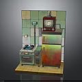 Vintage Miniature Room With Green And Yellow Tiled Wall Retro TV Refrigerator And Stove