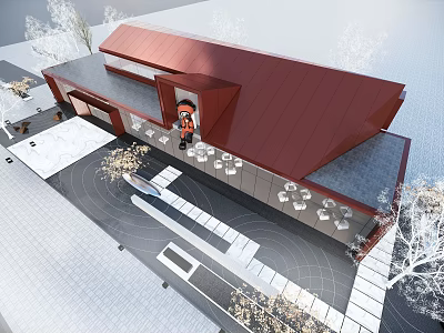 Sales office building with modern red roof design and outdoor area surrounded by trees 3d model