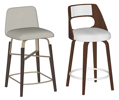 Modern Bar Stools With Wooden Metal Legs Beige White Upholstered Seats And Curved Cutout Backrests 3d model