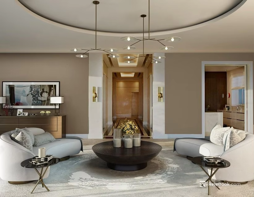 Elegant Modern Sofa And Coffee Table Set With Decorative Vases Side Tables And Chandelier 3d model 