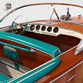 Classic Wooden Yacht With Green Seats And Vintage Steering Wheel Design