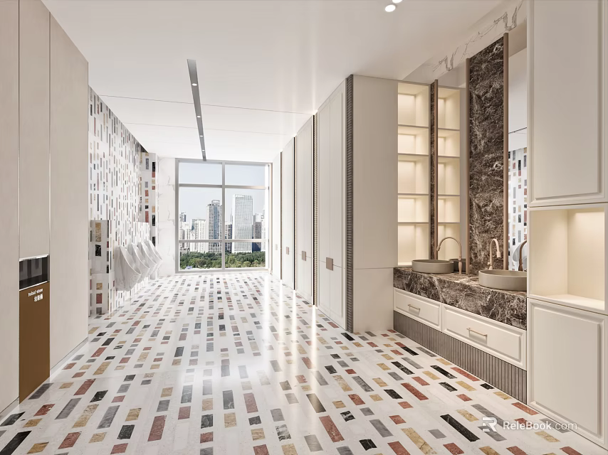 Modern Public Restroom With Colorful Flooring Large Windows And Cabinets 3d model 