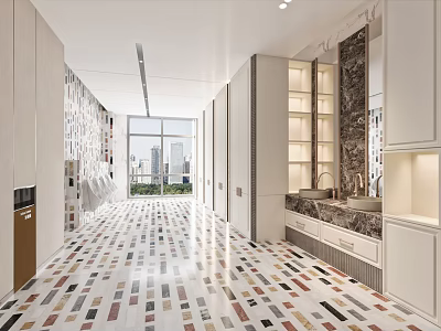 Modern Public Restroom With Colorful Flooring Large Windows And Cabinets 3d model