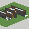 Modern Stone Building Exterior With Wooden Lattice Entryway Steps And Grass Lawn