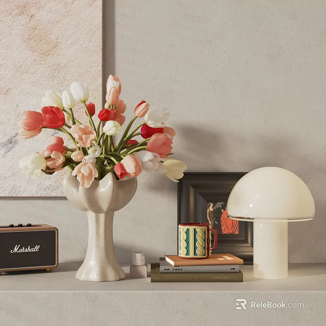 Chic Decorative Ornament Set with Ceramic Vase Fresh Tulips Mushroom Lamp Photo Frame Books Radio 3d model 