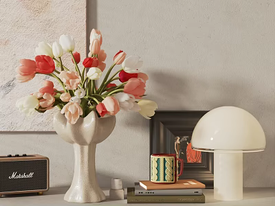 Chic Decorative Ornament Set with Ceramic Vase Fresh Tulips Mushroom Lamp Photo Frame Books Radio 3d model