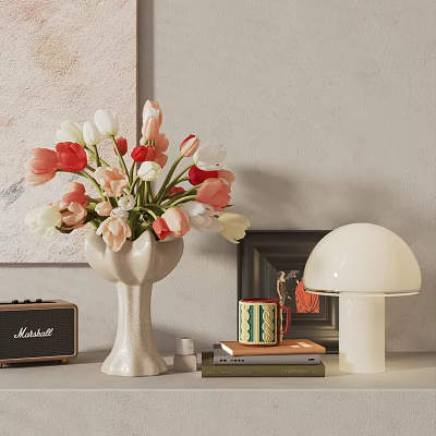 Chic Decorative Ornament Set with Ceramic Vase Fresh Tulips Mushroom Lamp Photo Frame Books Radio 3d model