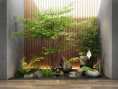 Tranquil Indoor Landscape With Wooden Wall Green Plants Rocks Lantern Stone Basin And Wooden Floor 3d model