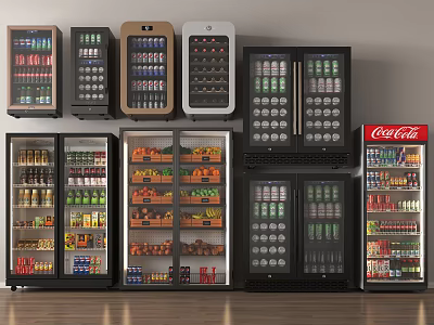 Refrigerators And Freezers Of Various Styles Stocked With Drinks Food Items And Coca Cola 3d model