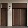Dark Brown Wooden Double Doors With Single Door Wall Lamp And Potted Plant