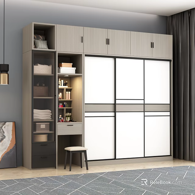 Modern Wardrobe Interior Design With White Sliding Doors Storage Shelves And Drawers 3d model 