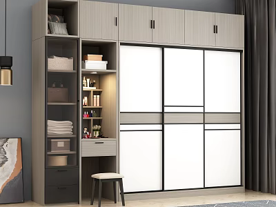 Modern Wardrobe Interior Design With White Sliding Doors Storage Shelves And Drawers 3d model