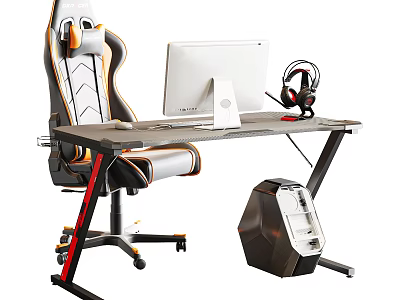 Modern Desk Setup With Ergonomic Chair Computer Monitor Headphones And PC Tower 3d model
