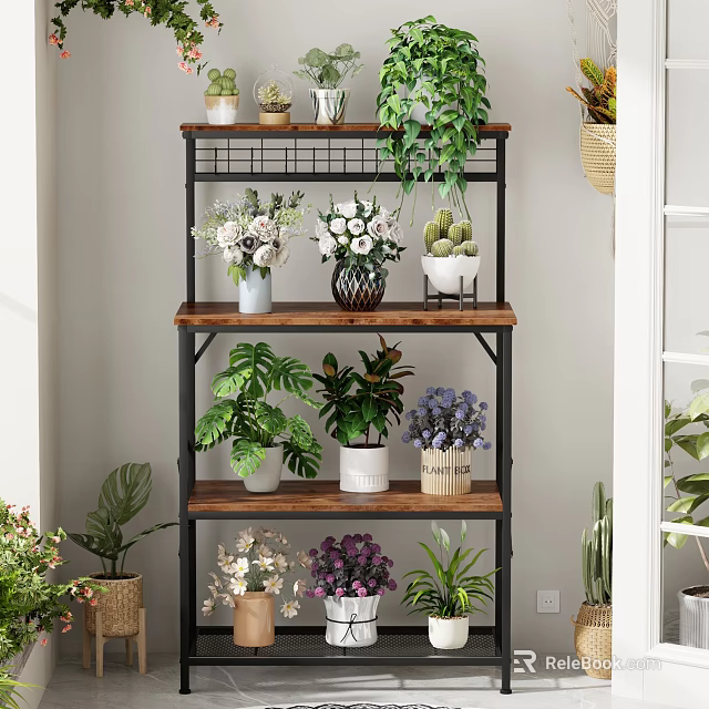 Indoor Multi tiered Decorative Shelf With Potted Plants and Flower Vases 3d model 