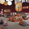 Halloween Themed Living Room Decor With Pumpkins Skeleton And Bat Decorations