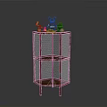 Red Multi Tiered Shelf With Wire Mesh Sides And Wooden Layers Displaying Stuffed Toys