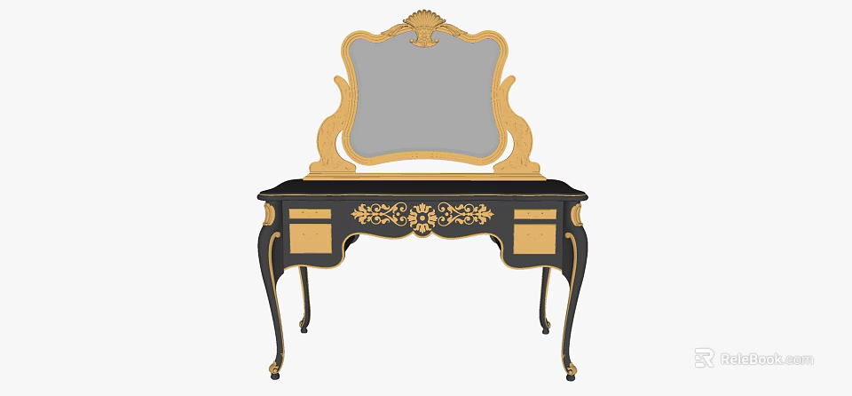 Vintage Black Desk With Golden Ornate Carvings Curved Legs And Mirror 3d model 