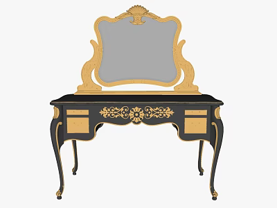 Vintage Black Desk With Golden Ornate Carvings Curved Legs And Mirror 3d model