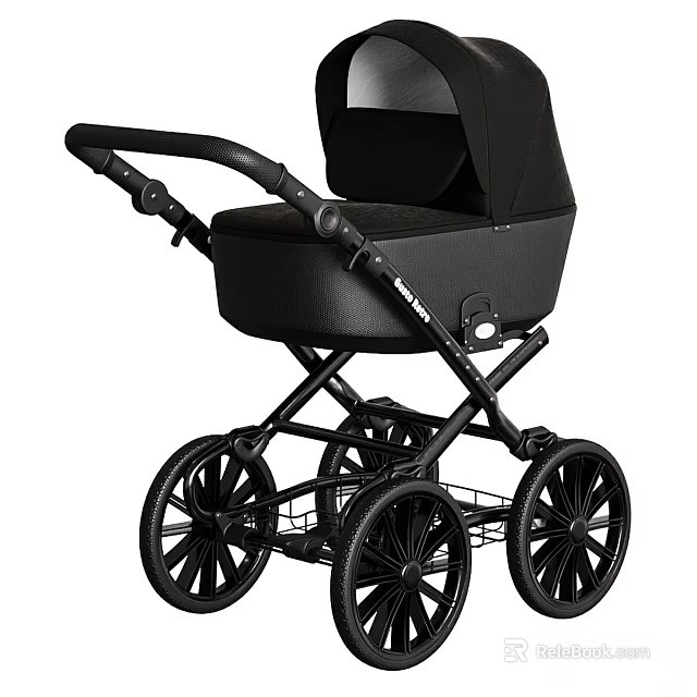 Black Baby Stroller With Four Wheels Metal Frame And Black Canopy Seat 3d model 