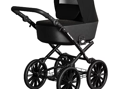 Black Baby Stroller With Four Wheels Metal Frame And Black Canopy Seat 3d model