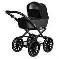 Black Baby Stroller With Four Wheels Metal Frame And Black Canopy Seat